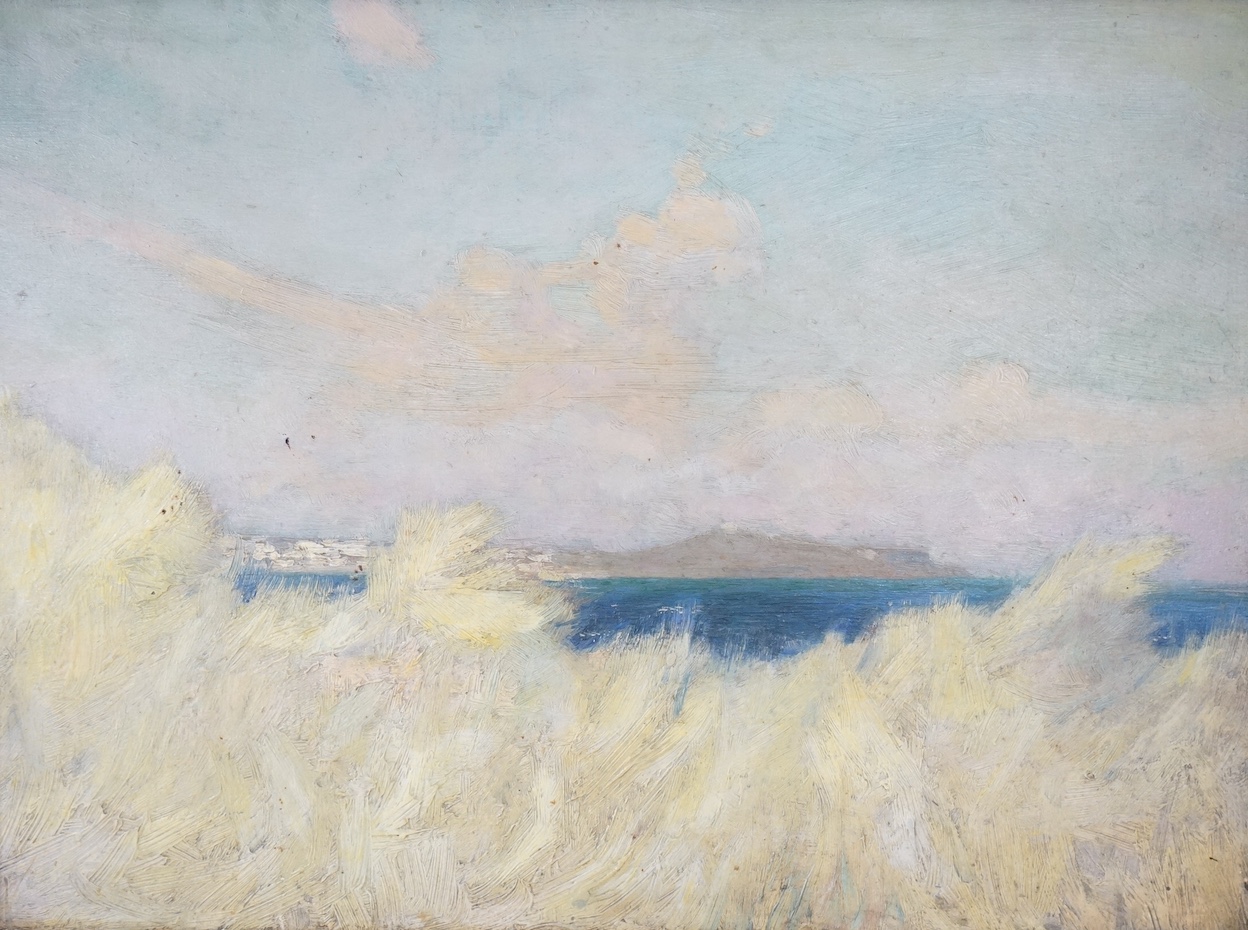 Attributed to Frank Emanuel (1865-1948), oil on board, Coastal view, unsigned, details verso, board stamped ‘James Latham, St. Ives Cornwall’ verso, 26 x 34cm. Condition - would benefit from a clean